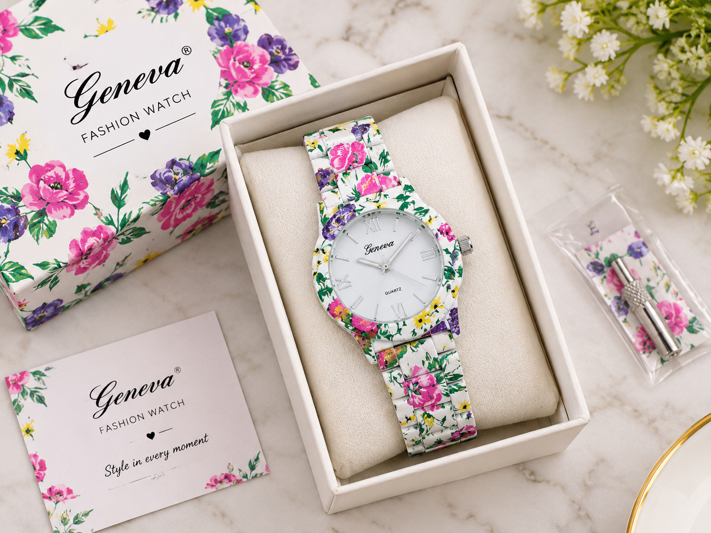 Floral Geneva Roman Numeral Quartz Watch