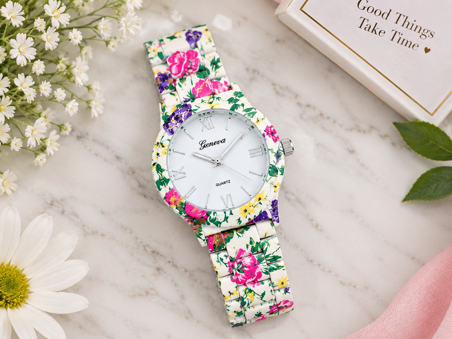 Floral Geneva Roman Numeral Quartz Watch for Women