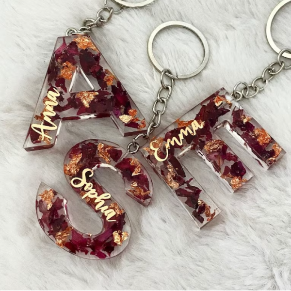 Real Rose Keychain With Name Customized Resin A-Z Alphabets