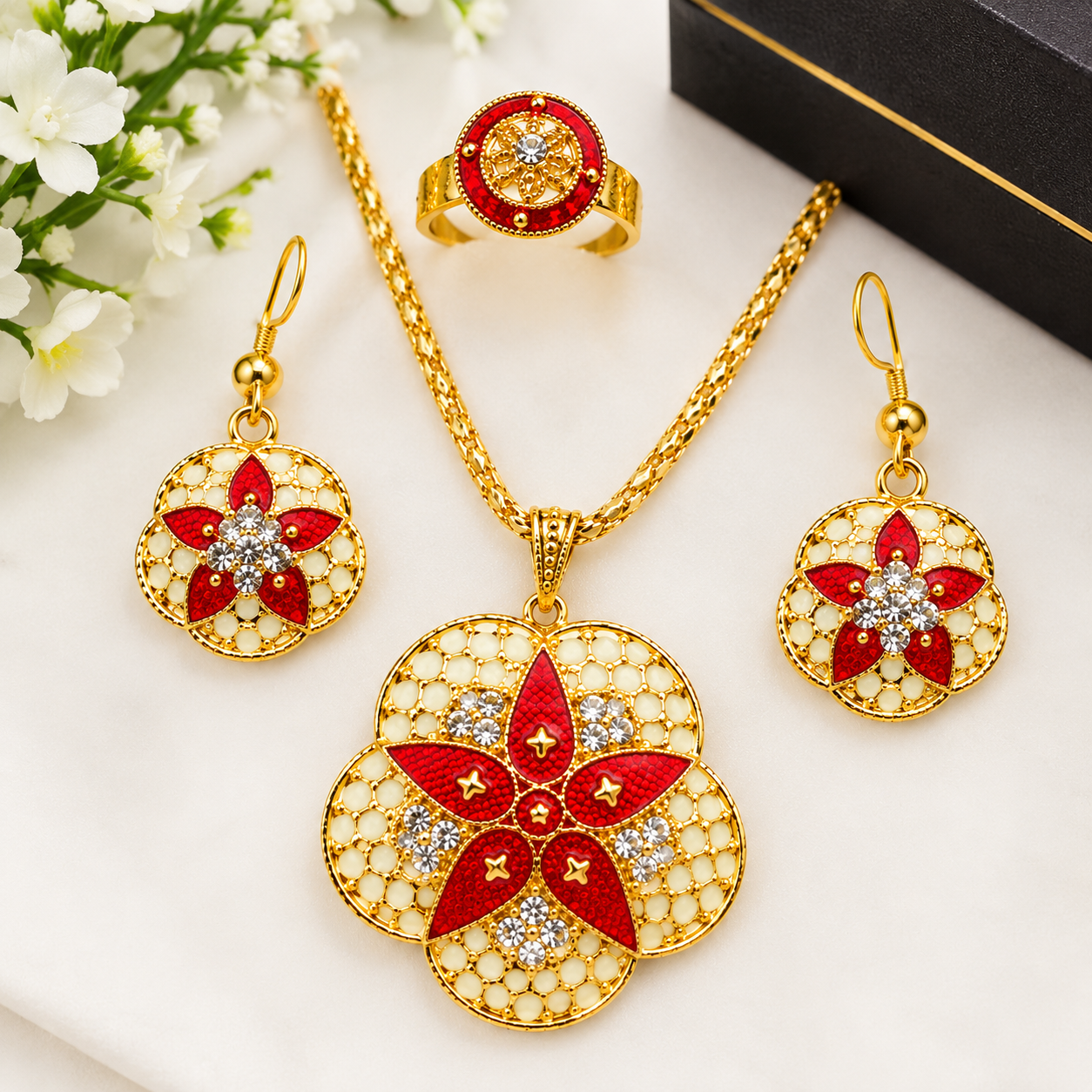 Gold Floral Rhinestone Jewelry Set