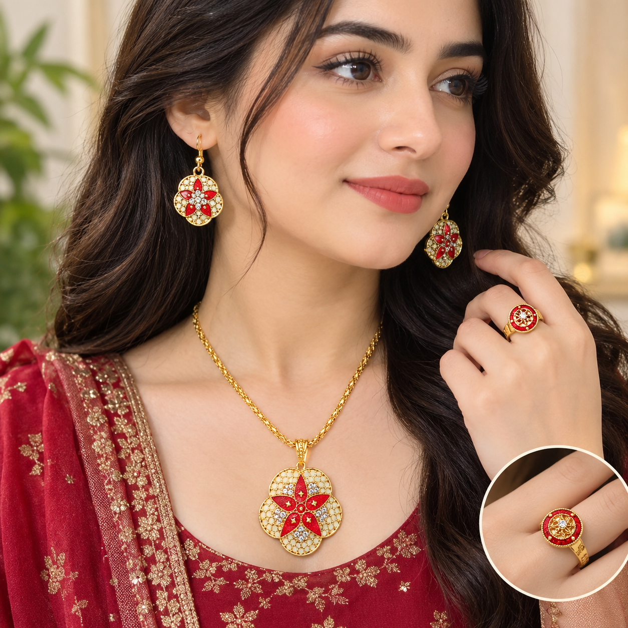 Gold Floral Rhinestone Jewelry Set
