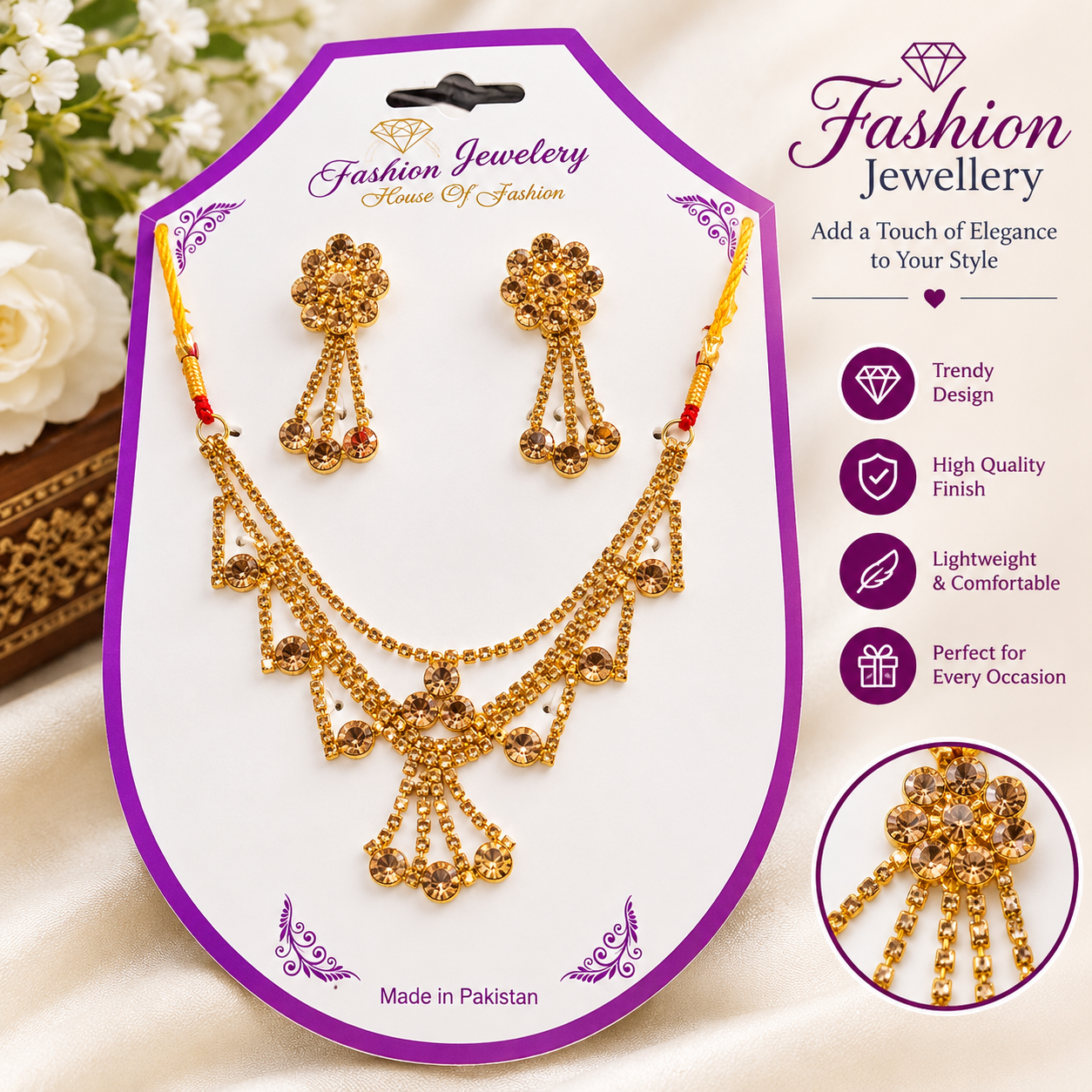 Buy the Best Quality Golden Floral Jewelry Set New Design in Pakistan at DayShop.pk. Most Affordable Price With Fast Shipping in All Over Pakistan